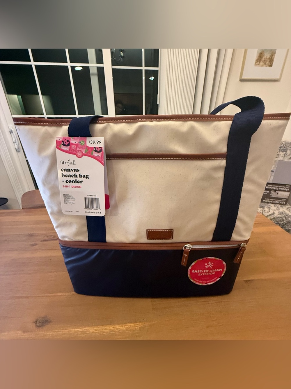 Canvas Beach Bag + Cooler in Cream and Navy